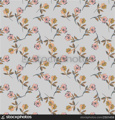 Hand draw bloom wildflowers. Cute floral abstract background seamless pattern.Botanical flowers wallpaper. Vector illustration graphic design fashion,textile, wrapping,print. Trendy grey pastel colors