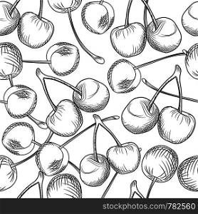 Hand draw cherries seamless pattern on a white background. Engraving style. Vector illustration.. Hand draw cherries seamless pattern on a white background. Engraving style.