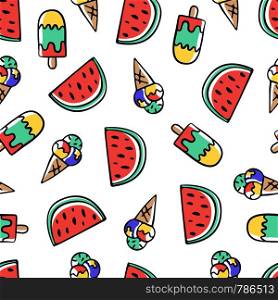Hand draw doodle Ice cream and watermelon seamless pattern. Summer background design.