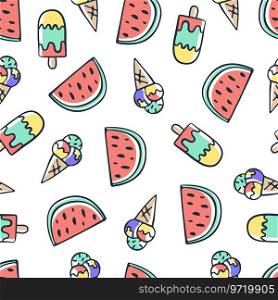 Hand draw doodle ice cream and watermelon Vector Image