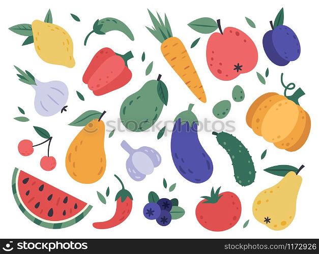 Hand draw fruits and vegetables. Doodle organic vegan tomato, eggplant vegetable, tasty fruits and berries. Natural veggies and fruits. Healthy food isolated vector illustration icons set. Hand draw fruits and vegetables. Doodle organic vegan vegetables, tomato, eggplant and tasty fruits and berries. Natural veggies and fruits vector illustration set