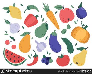 Hand draw fruits and vegetables. Doodle organic vegan tomato, eggplant vegetable, tasty fruits and berries. Natural veggies and fruits. Healthy food isolated vector illustration icons set. Hand draw fruits and vegetables. Doodle organic vegan vegetables, tomato, eggplant and tasty fruits and berries. Natural veggies and fruits vector illustration set
