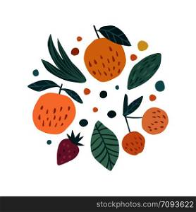 Hand draw fruits print. Apple, strawberry and cherry on a white background. Funny vector illustration.. Hand draw fruits print. Apple, strawberry and cherry