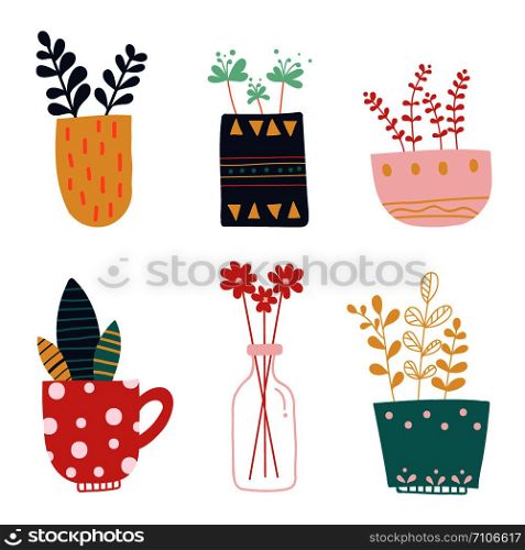 Hand draw illustration Set of different vases and jugs with flowers.Cute plants, flowers in different colorful pots.