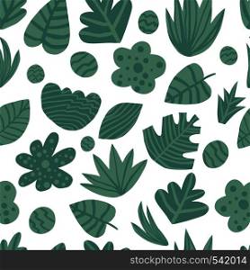 Hand draw jungle green leaves seamless pattern. Exotic plant. Summer design for fabric, textile print, wrapping paper, children textile. Hand draw tropical green leaves seamless pattern. Exotic plant.