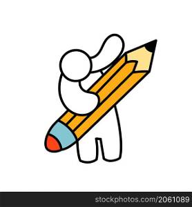 Hand draw little man with pencil vector cartoon illustration isolated white. Character business icon drawing concept. People sketch standing liner vignetting caricature metaphor. Education design