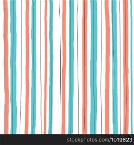 Hand draw seamless striped vertical line pattern blue, orange, black pastel color on white background. Paint brush stroke stripe for kids. Vector illustration
