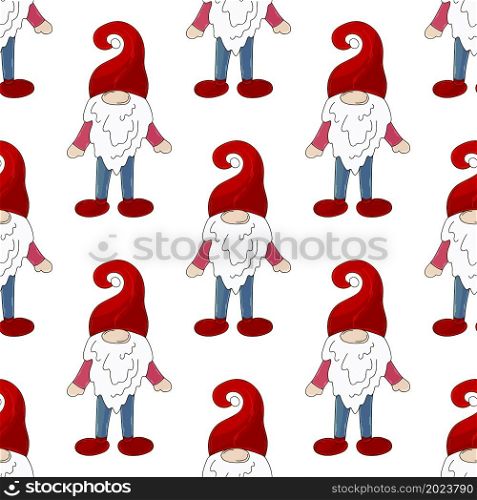 Hand draw style. Christmas pattern with scandinavian gnomes. Can be used for fabric. Christmas pattern with scandinavian gnomes in hand draw style