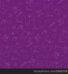 hand draw texture - seamless pattern with hearts, gifts, butterflies, flowers and texts, vector illustration