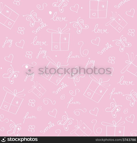 hand draw texture - seamless pattern with hearts, gifts, butterflies, flowers and texts, vector illustration