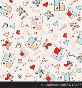 hand draw texture - seamless pattern with hearts, gifts, butterflies, flowers and texts, vector illustration
