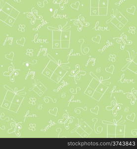 hand draw texture - seamless pattern with hearts, gifts, butterflies, flowers and texts, vector illustration