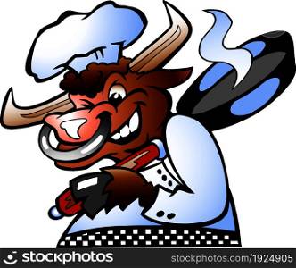 Hand-draw Vector illustration of an Bull Chef holding a Pan over his schoulder