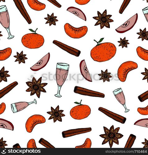 Hand draw vector seamless pattern with mulled wine ingredients. Wrapping paper or kitchen textile design.. Hand draw vector seamless pattern with mulled wine ingredients. Wrapping paper or kitchen textile design