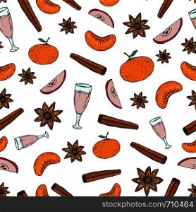 Hand draw vector seamless pattern with mulled wine ingredients. Wrapping paper or kitchen textile design.. Hand draw vector seamless pattern with mulled wine ingredients. Wrapping paper or kitchen textile design