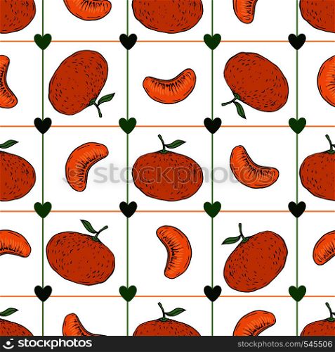 Hand draw vector tangerine seamless pattern on white background. Health fruit wallpaper. Wrapping paper or kitchen textile design.. Hand draw vector tangerine seamless pattern on white background. Health fruit wallpaper. Wrapping paper or kitchen textile design
