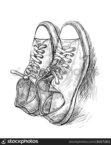 Hand drawing a pair of casual shoes with shade - vector