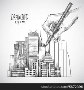 Hand drawing building with graphite pencil sketch isolated on white background vector illustration