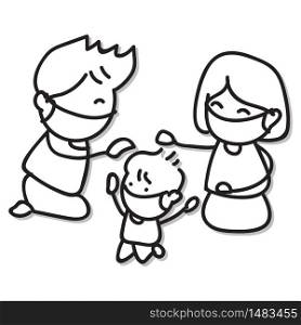 hand drawing cartoon happy family. abstract character mother father wear masks take care of little boy during virus outbreak. Covid-19. quarantine. healthy. love concept. vector illustration esp10.