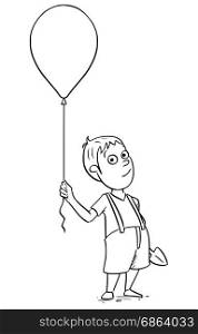 Hand drawing cartoon illustration of boy holding inflatable air ball balloon and shovel.