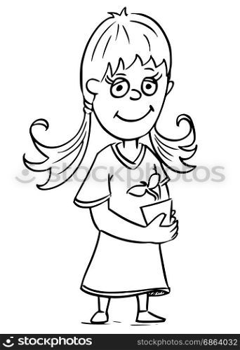 Hand drawing cartoon illustration of small girl gardener holding flower pot flowerpot with plant.