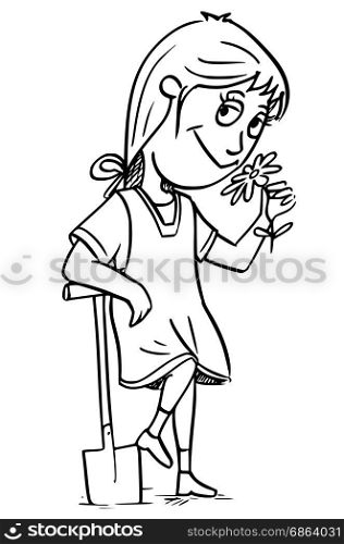 Hand drawing cartoon illustration of small girl gardener with shovel smelling the flower.