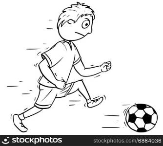 Hand drawing cartoon vector illustration of a boy playing Football Soccer with a ball.