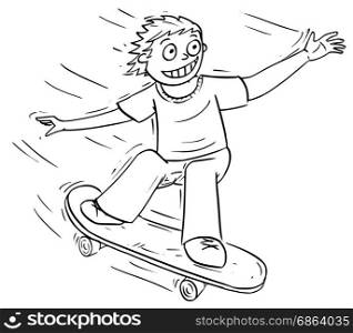 Hand drawing cartoon vector illustration of a boy riding a skateboard.