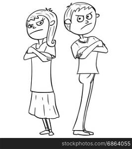 Hand drawing cartoon vector illustration of angry annoyed boy and girl or young man and woman.