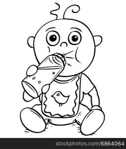 Hand drawing cartoon vector illustration of baby drinking from feeding or nursing or sucking bottle.