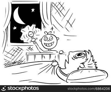 Hand drawing cartoon vector illustration of baby not sleeping and doing noise at night, and mother or father lying deadly tired in bed and not able to sleep.