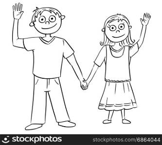 Hand drawing cartoon vector illustration of boy and girl or young man and woman holding each other&rsquo;s hands and waving.