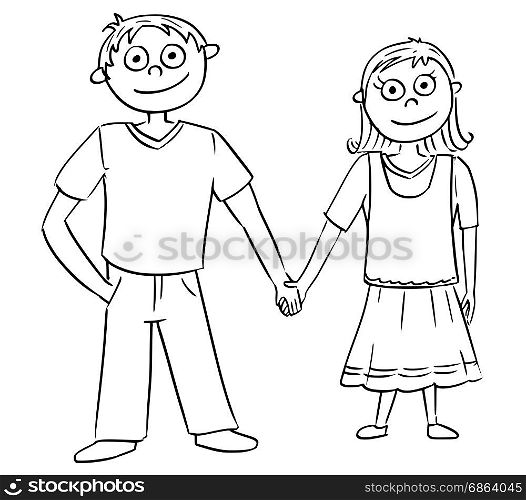Hand drawing cartoon vector illustration of boy and girl or young man and woman holding each other&rsquo;s hands.