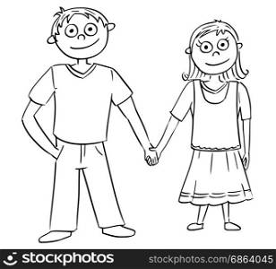 Hand drawing cartoon vector illustration of boy and girl or young man and woman holding each other&rsquo;s hands.