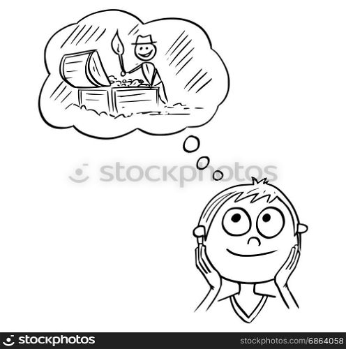 Hand drawing cartoon vector illustration of boy dreaming about live full of adventure and searching for treasures.