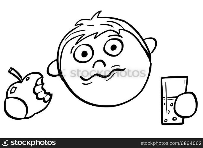 Hand drawing cartoon vector illustration of boy eating and apple and drinking from glass.