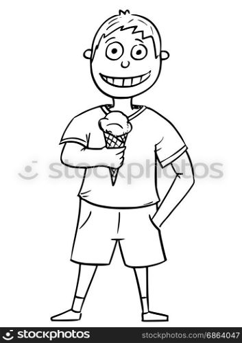 Hand drawing cartoon vector illustration of boy holding cone with scoop of ice cream.