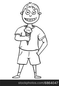 Hand drawing cartoon vector illustration of boy holding cone with scoop of ice cream.