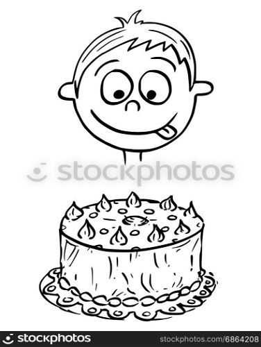 Hand drawing cartoon vector illustration of boy looking at birthday cake.