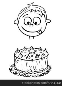 Hand drawing cartoon vector illustration of boy looking at birthday cake.