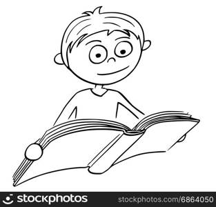 Hand drawing cartoon vector illustration of boy reading a book.