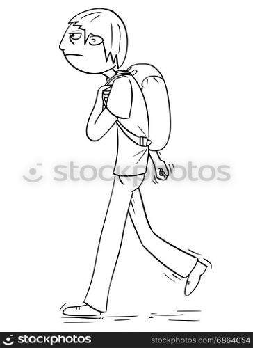 Hand drawing cartoon vector illustration of boy with backpack or schoolbag or satchel walking.