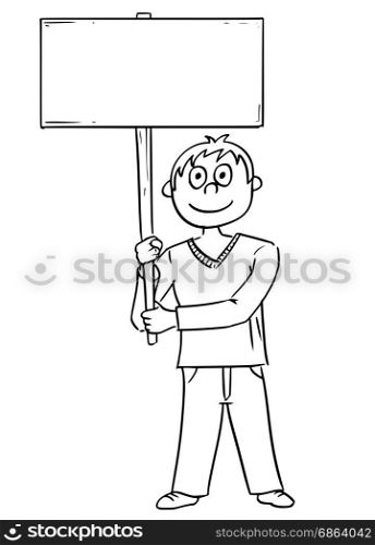 Hand drawing cartoon vector illustration of boy young man holding empty sign.