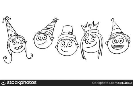 Hand drawing cartoon vector illustration of five smiling kids or children wearing party huts.