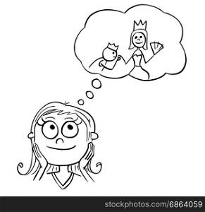 Hand drawing cartoon vector illustration of girl dreaming about live of fairy tale princess.