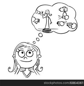 Hand drawing cartoon vector illustration of girl dreaming about live of movie, music or pop star show business celebrity.