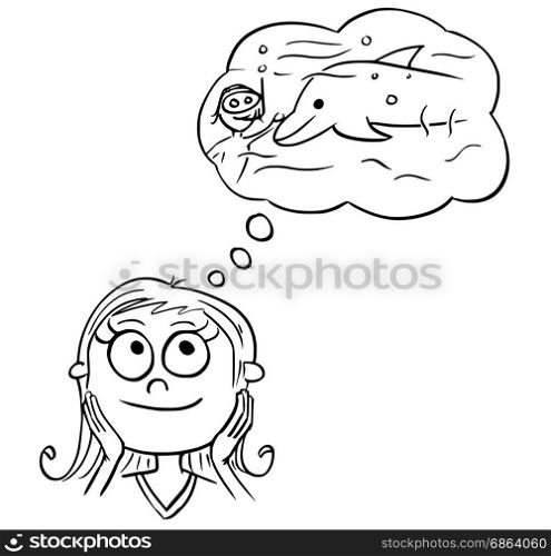 Hand drawing cartoon vector illustration of girl dreaming about live of ocean scientist swimming with dolphin.