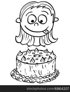 Hand drawing cartoon vector illustration of girl looking at birthday cake.