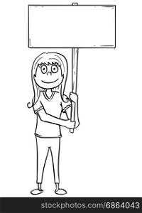Hand drawing cartoon vector illustration of girl young woman holding empty sign.
