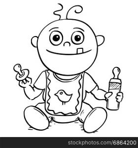 Hand drawing cartoon vector illustration of happy smiling baby with dummy or pacifier or comforter and feeding or nursing or sucking bottle.